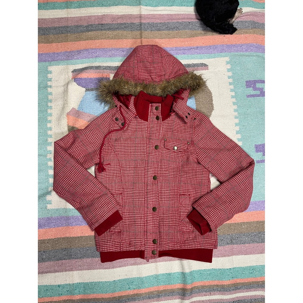 Forever 21 Plaid Faux Fur Hood Winter Jacket Red White Womens Size L